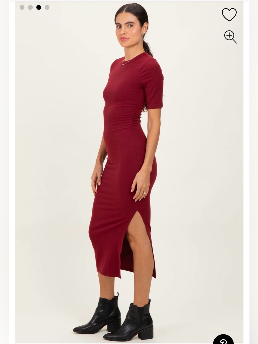 Burgundy Ruched Side Slit Midi Dress
